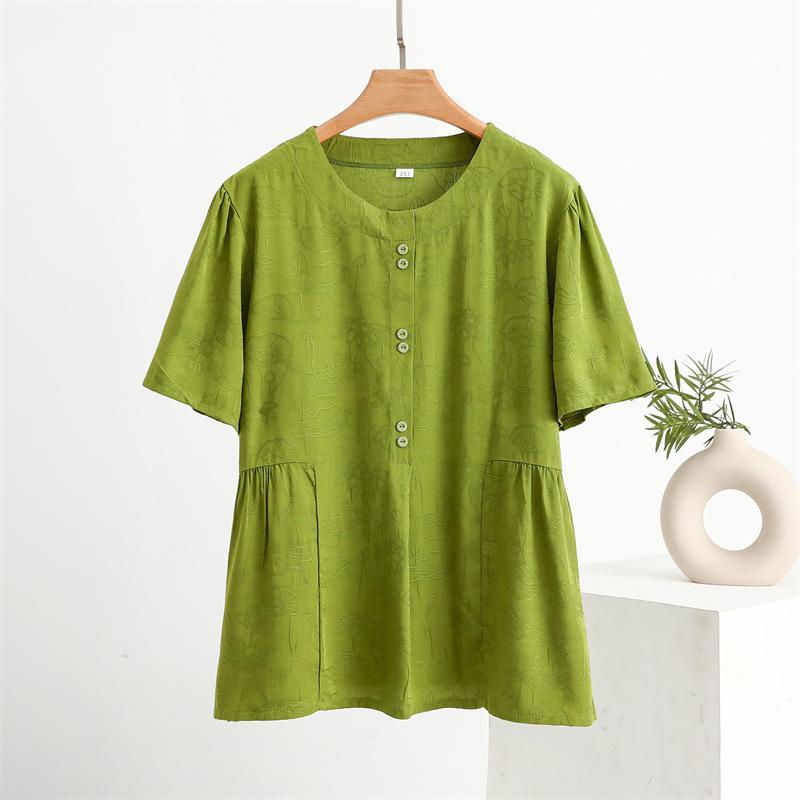 

Футболка из хлопкового шелка для мам среднего и пожилого возраста, летняя, тонкая, свободная, с круглым вырезом, блузка из вискозы, удобная, дышащая футболка L зелёный