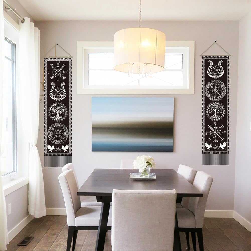 AHANDMAKER 2pcs Viking Symbol Tapestry, Tree of Life Rune Vertical Wall Hanging, Mythology Rune Tassel Wall Tapestry for Bedroom and Living Room