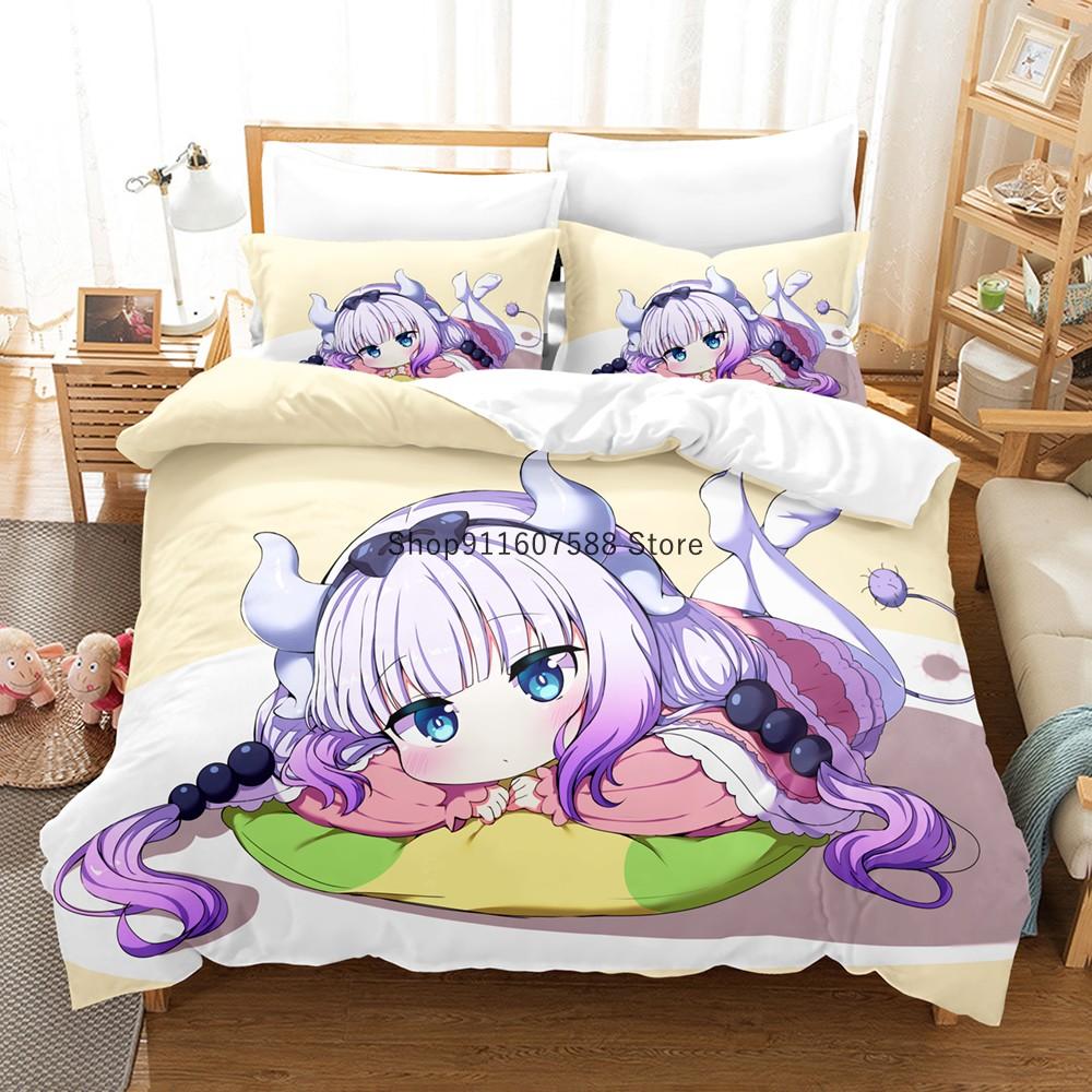 Miss Kobayashi's Dragon Maid Bedding Set Cartoon Anime three-piece set Adult Kid Bedroom Duvet cover Sets 3D print Kawaii Anime