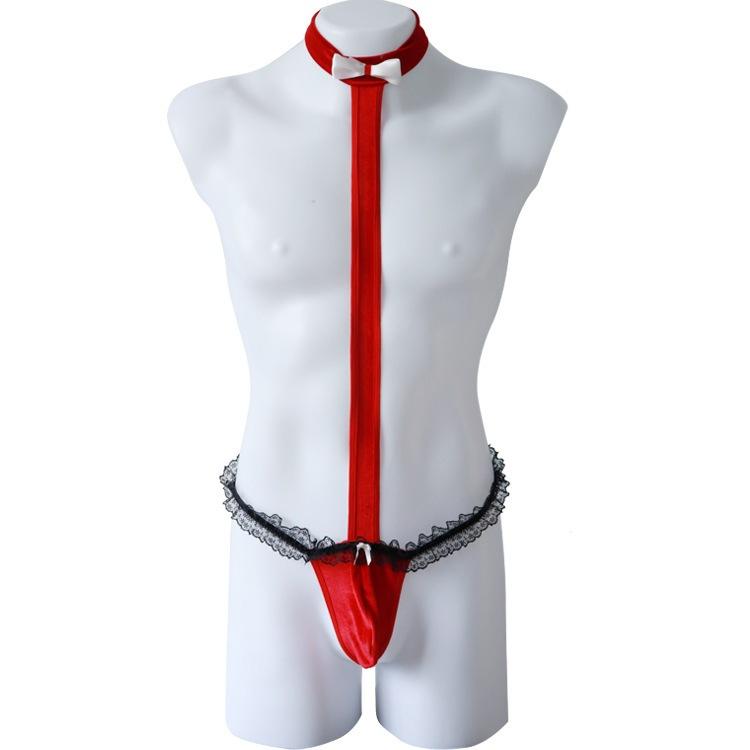 Men Sexy Thong Jumpsuit Lace Trim Bow Detail Camisole for Muscular Men Intimate Wear