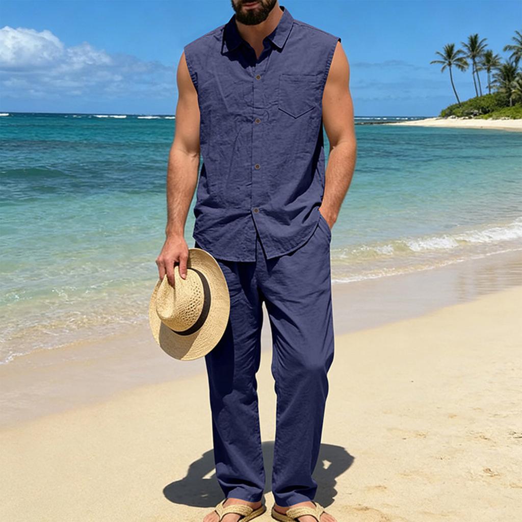 Men's Cotton-Linen Casual Hoodie Vest And Pants Set