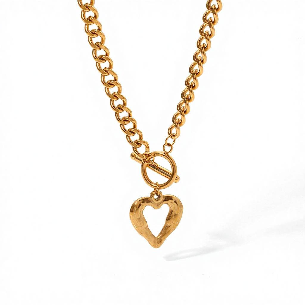 Stainless Steel 18K Gold Plated Heart Pendant Necklace Bracelet Set Women Hip Hop OT Buckle Cuban Clavicle Chain Jewelry