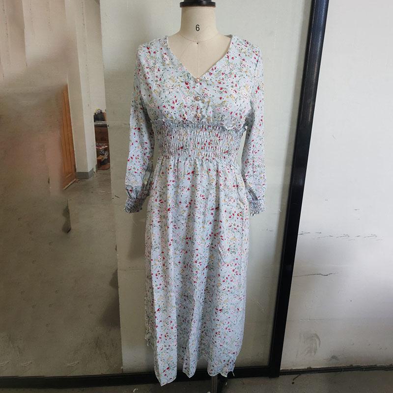 Geblümtes Chiffonkleid mit V-Ausschnitt für Damen, Rüschenmanschetten, lange Ärmel, süßes A-Linien-Feenkleid für Frühling und Sommer