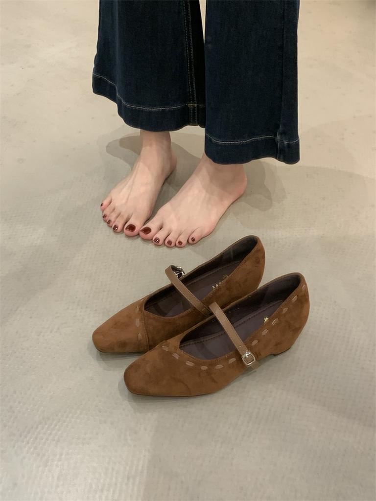 Inner heightening suede black single shoes women's shoes 2025 new spring and autumn square head with skirt Mary Jane evening shoes