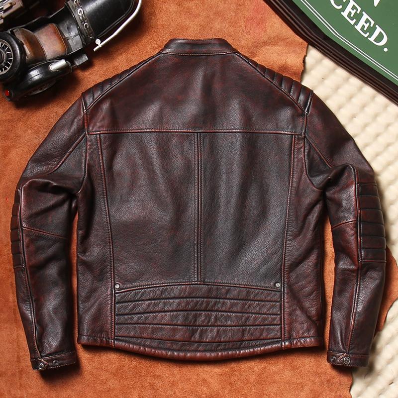 Vintage Biker Leather Jacket Mens Real Cowhide Slim Fit Stand Collar Retro Distressed Coat