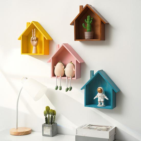 Wood House Wall Display Shelf, Wall Mounted Decorative Floating Shelf, Small Toys Dolls Organizer for Entryway, Living Room, Nursery