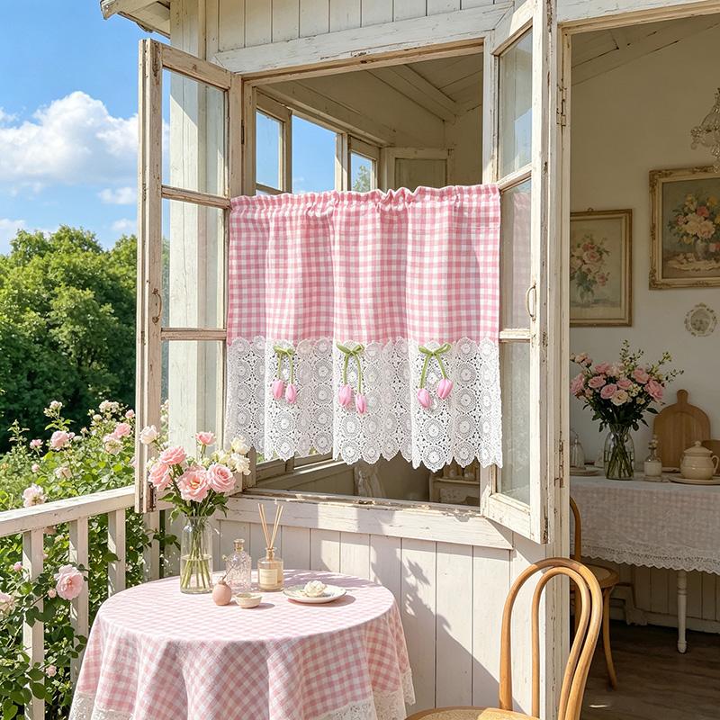 Moderne Klassieke Roze Geruite met Wit Bloemenkant Cafe Gordijn Roze Tulp Decor Klein Gordijn Voor Woonkamer Keuken en Deuren S Rod Pocket&1 panel
