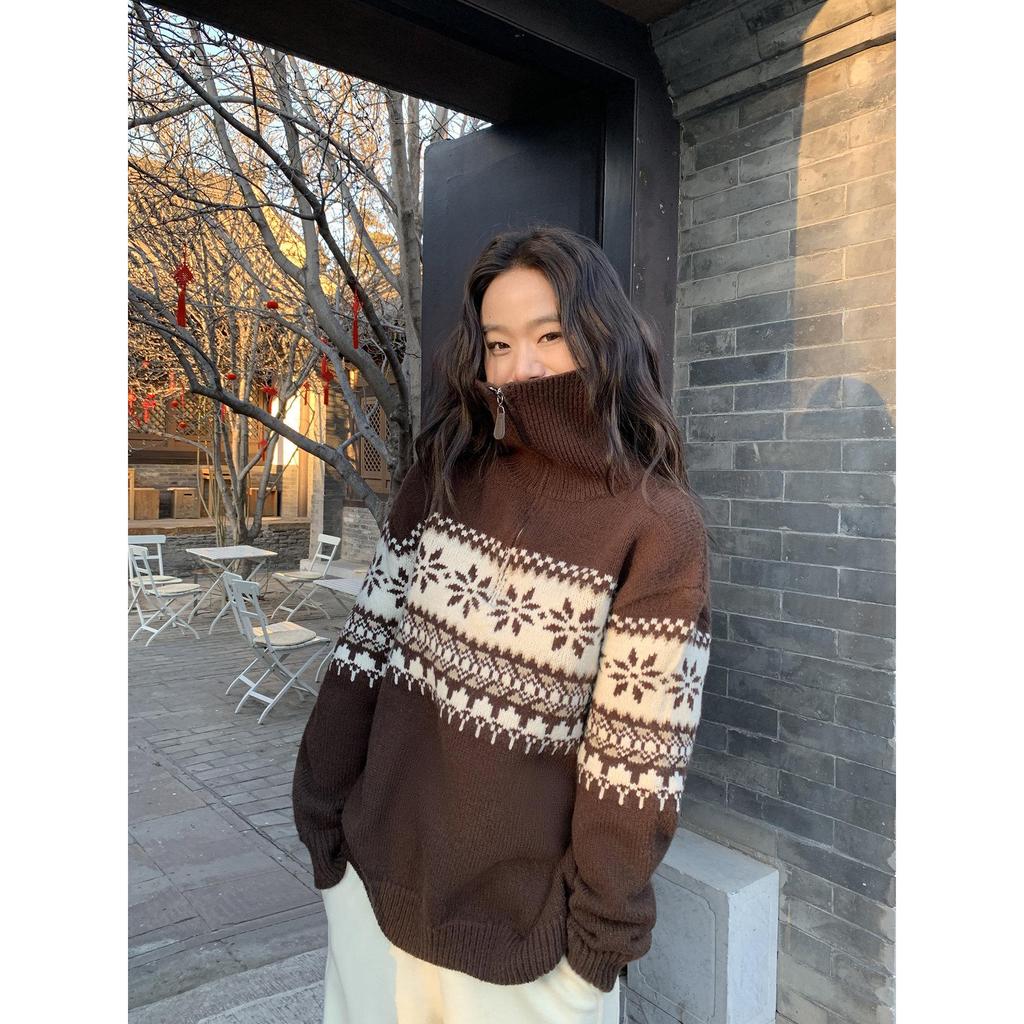Women's Retro Fair Isle High-Neck Half-Zip Sweater Pullover | 2026 Autumn/Winter Collection | Trendy, Loose Jacquard Knit Top