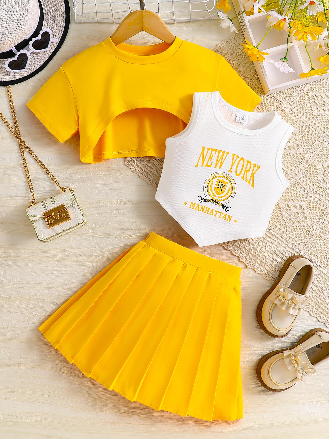 Summer girls set, breathable and cool solid short-sleeved T-shirt with letter print and strappy shorts, three-piece set 4Y