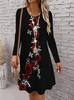 3D Retro Floral Pattern Casual Dress, Women's Autumn Long Sleeved Round Neck Casual Mini Dress