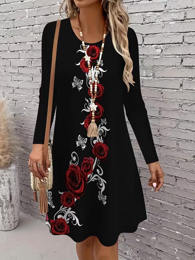 3D Retro Floral Pattern Casual Dress, Women's Autumn Long Sleeved Round Neck Casual Mini Dress