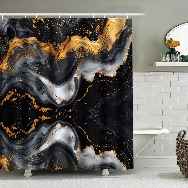 Luxury Marble Print Shower Curtain Set Black Gold Geometric Pattern Bathroom Decor with Rod Pocket for Home Bathing Room (69 x 7
