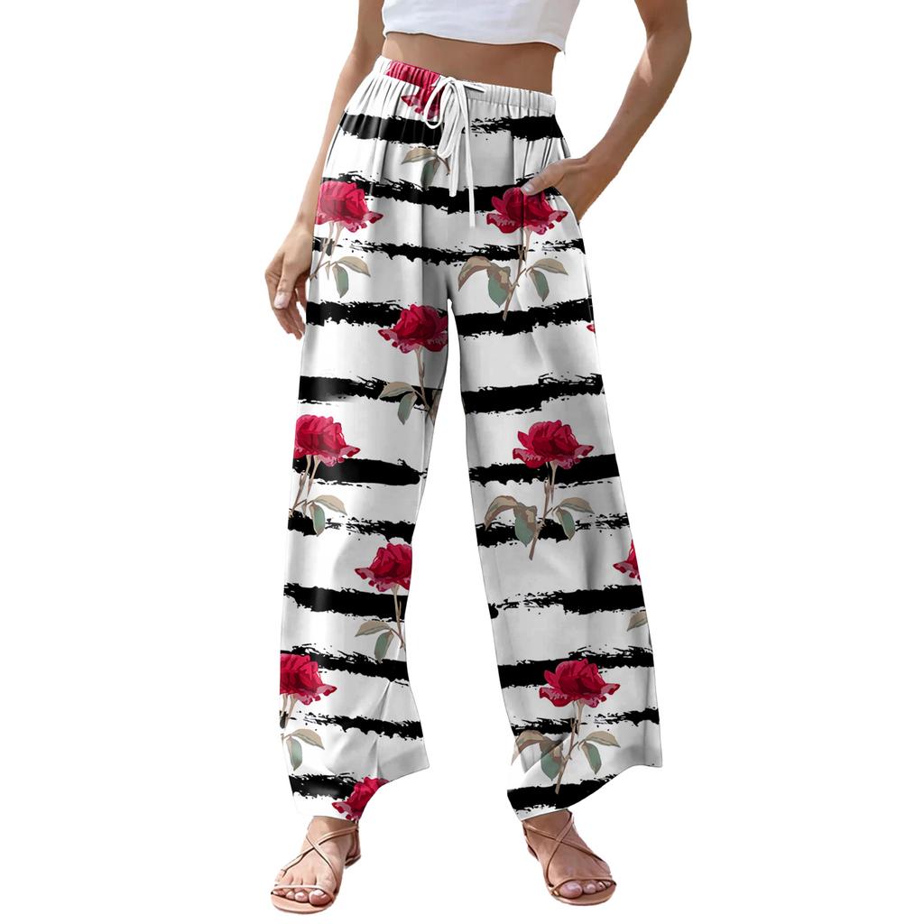 Women's Casual Retro Floral Print Wide Leg Drawstring Pocket Beach Casual Pants