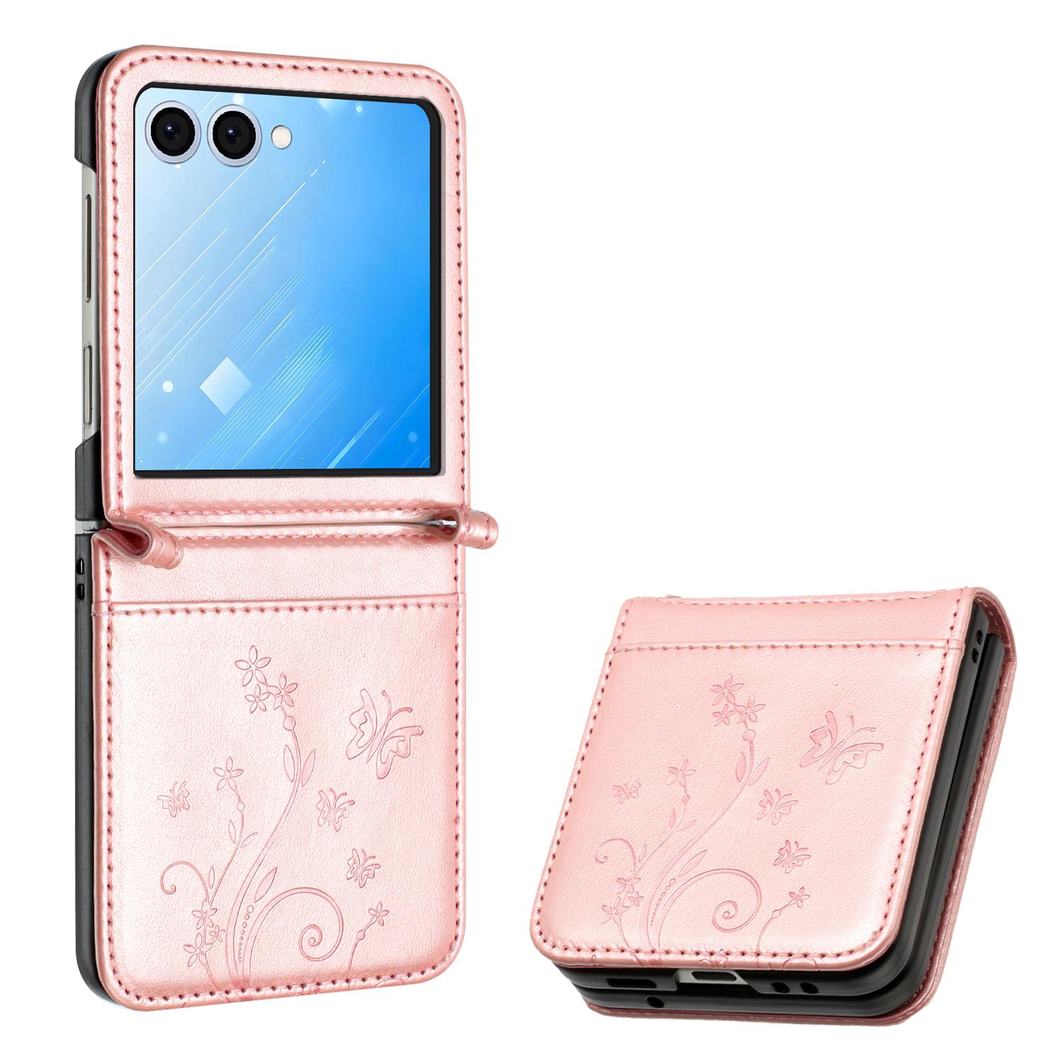 

Чехол для Samsung Galaxy Z Flip7 5G Кожаный чехол для телефона с тиснением в виде бабочки и цветка Rose Gold