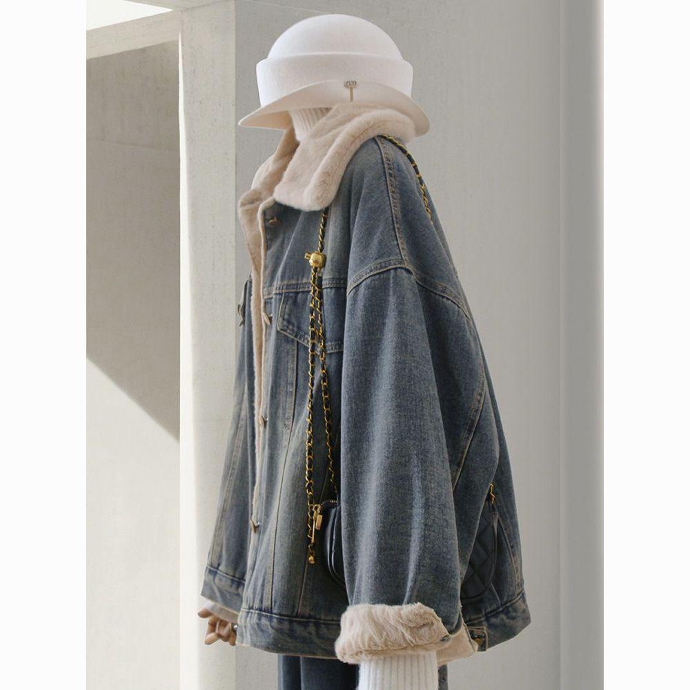 Women's Retro Velvet-Lined Denim Jacket, Oversized & Casual for Autumn/Winter 2025