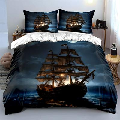 Pirate Ship Night Canvas Art Soft Comfortable Duvet Cover Bedding Set Included 1*Duvet Cover & 2*Pillowcases, Gift