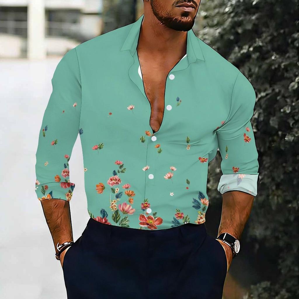 Men Collared Shirt Black Gradient Pink Cherry Blossom Star Print Long Sleeve Button Down Top