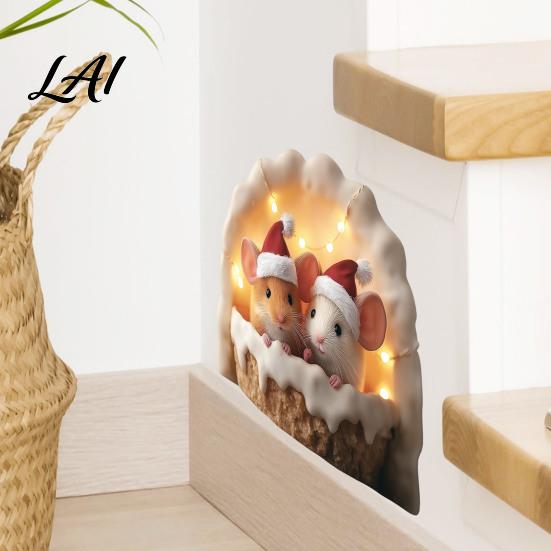 Family Friendly Holiday Ornament Cute Mouse Wall Sticker PVC Waterproof Decal Winter Santa Hat Cartoon Stickers Art Decor Self-Adhesive Window for