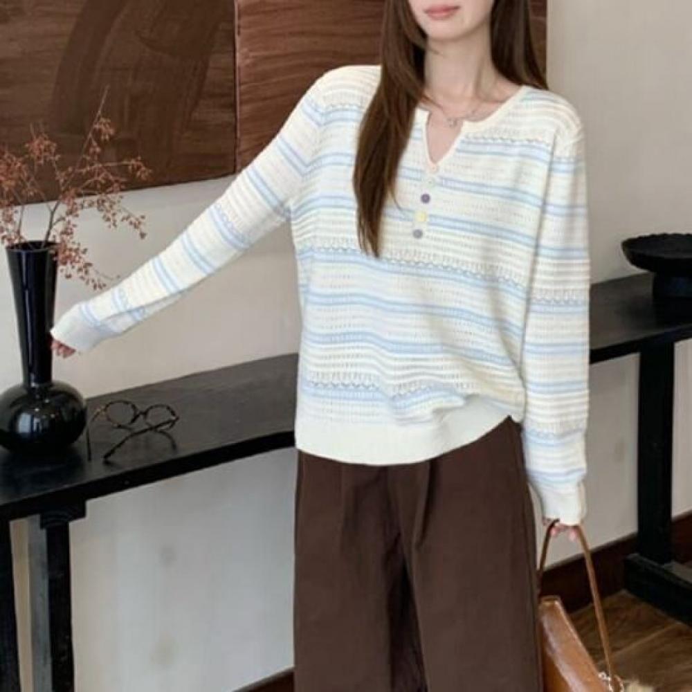Navava Women Lovely Stripe Point Long Sleeve Knit Tee Nk3591