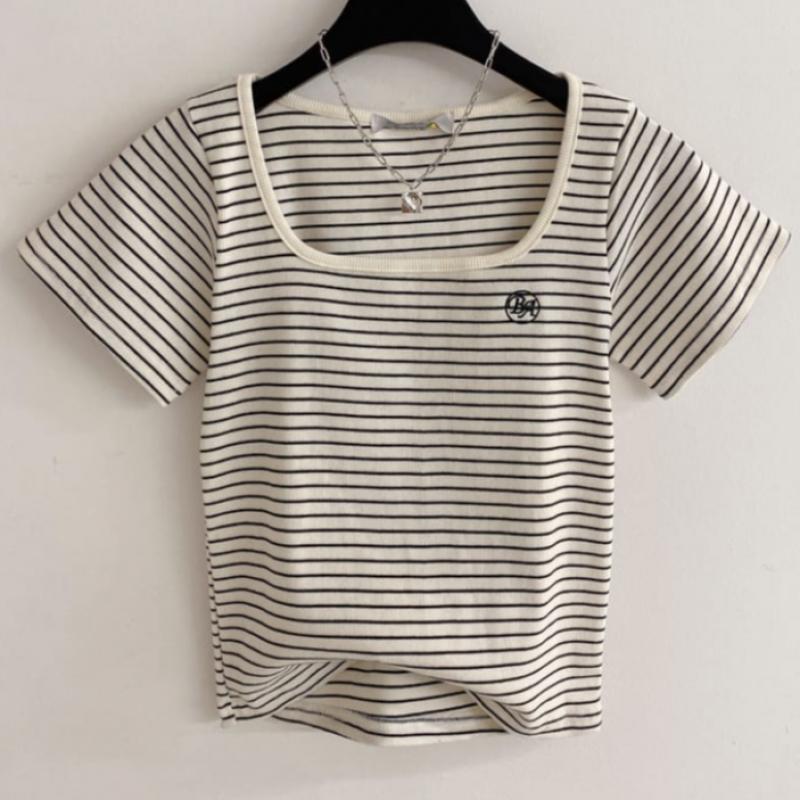 Honey J Women Rumilder Embroidered STriped Square Neck ShorT Sleeve T shirT 4col