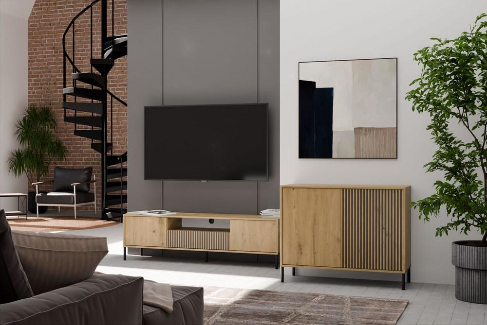 Komoda Front Ryflowany Szafka Kamaro 2D Slim / Gładki Dąb Artisan Lamele