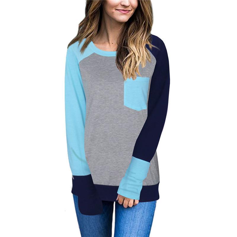 Stylish Casual Womens Long Sleeve Pocket Tshirt With Stitched Color Details