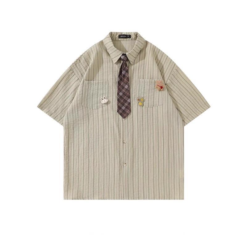 

Striped Short Sleeved Women s Shirt New Lapel Woman Blouse with Tie Loose Casual Summer Couple Top S зелёный