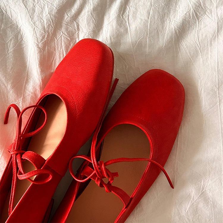 Nowe skórzane baleriny Mary Jane na miękkiej podeszwie damskie z wycięciem czerwony pasek płaskie buty baletowe