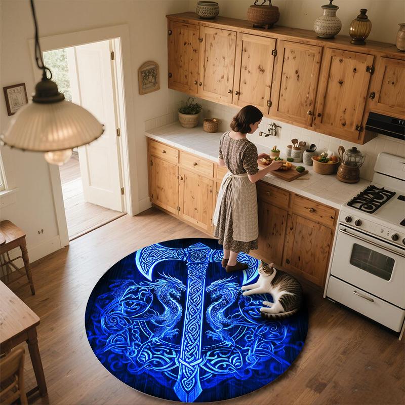 Wikinger-Streitaxt,Runder Teppich,Teppich für Wohnzimmer Schlafzimmer Sofa Spielzimmer Dekor,Rutschfeste Bodenmatte