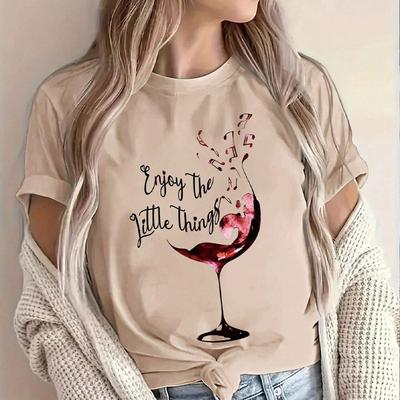 Fashion Women Creative Wine Glass Letters Print T Shirt Funny Casual O-neck Short Sleeves T-shirt Summer Female Tee Shirt