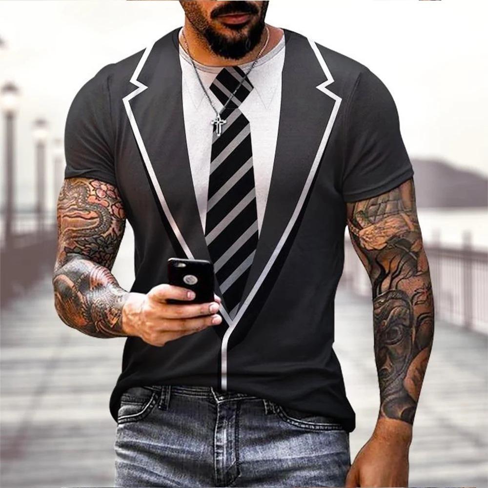 

Summer fashion and fun fake suit 3D printed men s street round neck short sleeved T-shirt 6XL