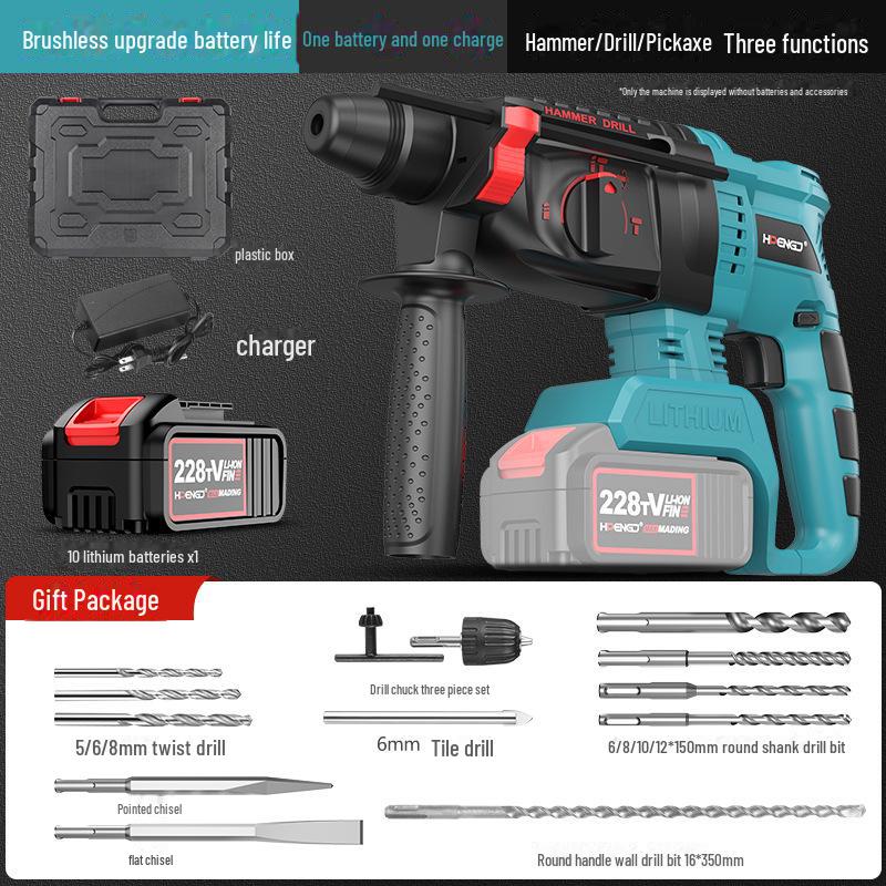 Ciocan rotopercutor electric reîncărcabil fără perii 21V, Impact wireless pentru beton de mare capacitate, Ciocan electric cu litiu cu dublă utilizare