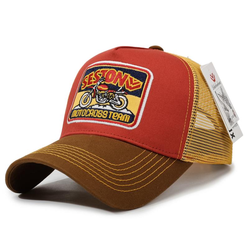 Ademende Mesh Truckerpet Vintage Motorfiets Borduurwerk Zonbescherming Snapback Pet Custom Logo voor Wandelen Kamperen Reizen