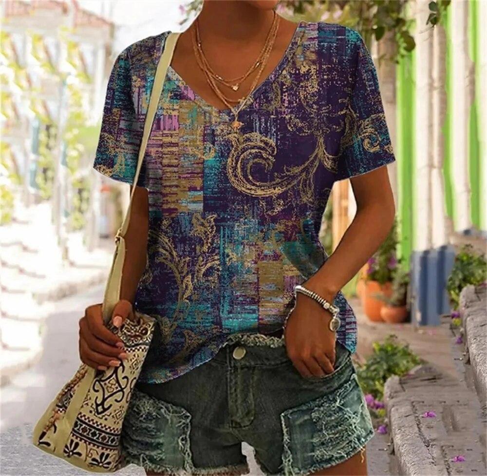 T-shirt con Volto Astratto Tasca Finta Stampa 3D T-shirt da Donna Scollo a V Manica Corta T-shirt Casual Y2K Top Harajuku Abbigliamento Femminile