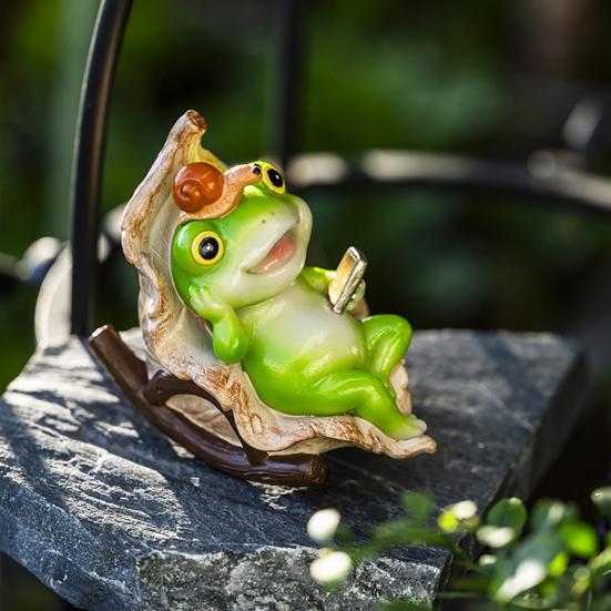 Garden Frog Figurine Frog Reading A Book on Rocking Chair Statue Resin