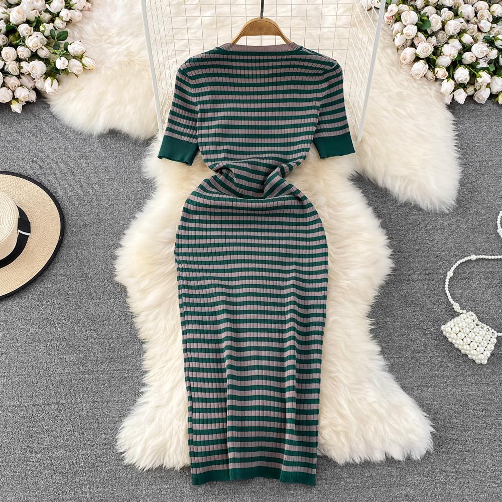 Summer Short Sleeve Striped Knitted Sweater Dress Women Fashion Casual Slim Bodycon Sheath Dresses