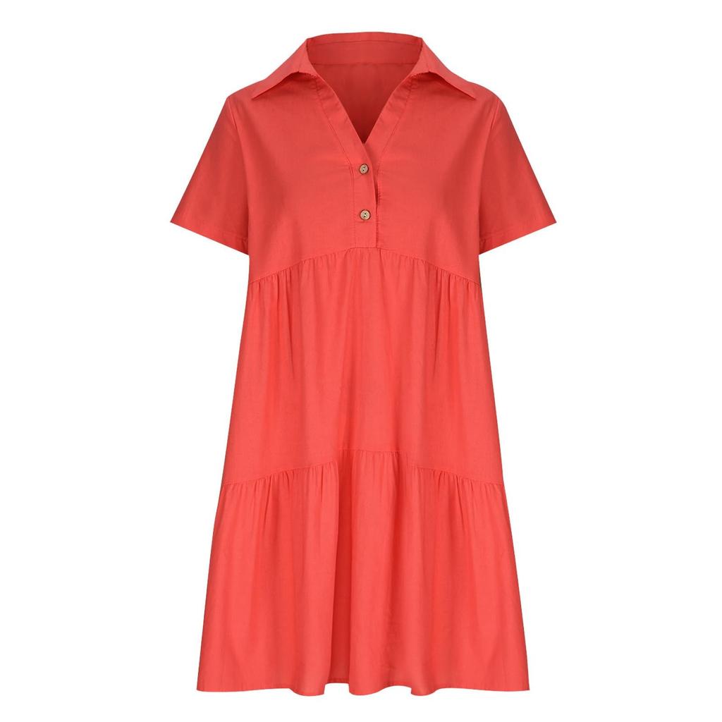 Summer Loose Color Lapel Casual Short Sleeved Cotton Linen Dress