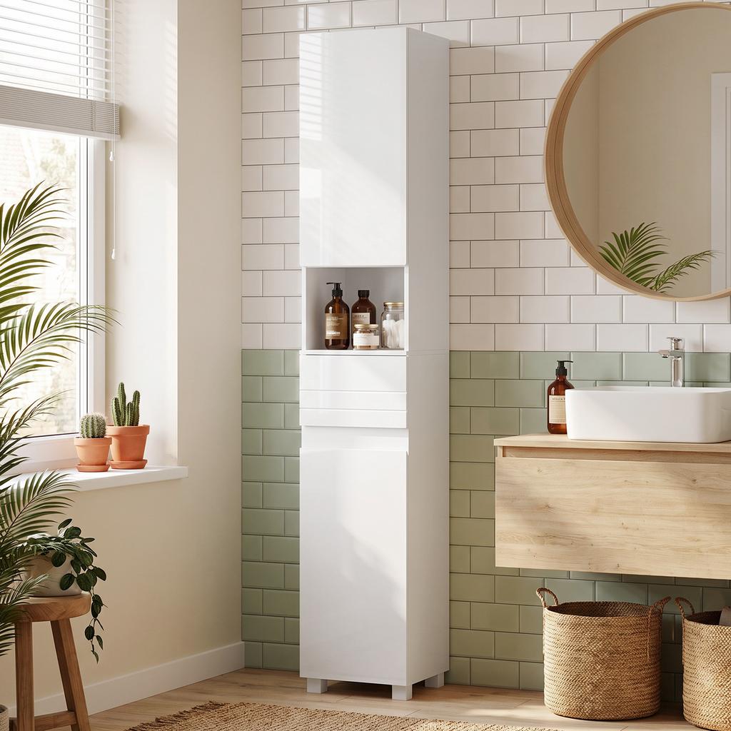 Bathroom Cabinet, 2 Doors, Drawer, Open Shelf, Adjustable Shelves, 30 x 30 x 170 cm, White