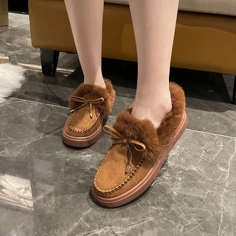 Women's cotton shoes 23 winter European and American bow warm shoes flat-soled fluffy shoes versatile women's shoes