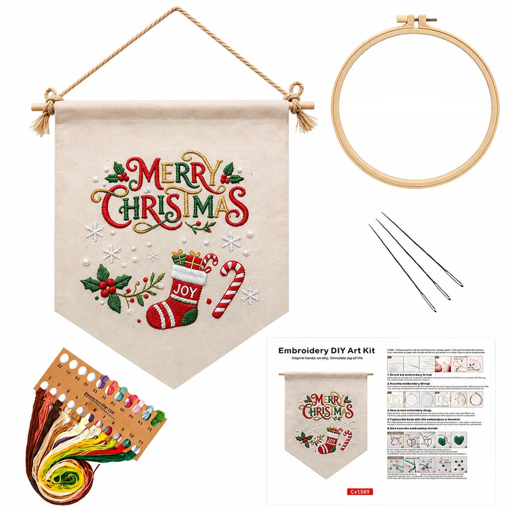 DIY Embroidery Kit Christmas Scene Triangle Wall Hanging Flag Beginner Printed Canvas Hoop Needle Thread Organizer Decor