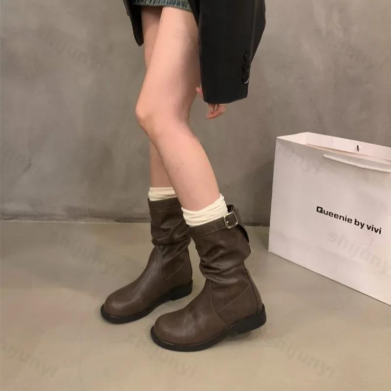 Women Ankle Boots  Autumn Fashion Round Toe Buckle Comfortable Non Slip Outdoor Short Boots Retro Mid-calf Boots