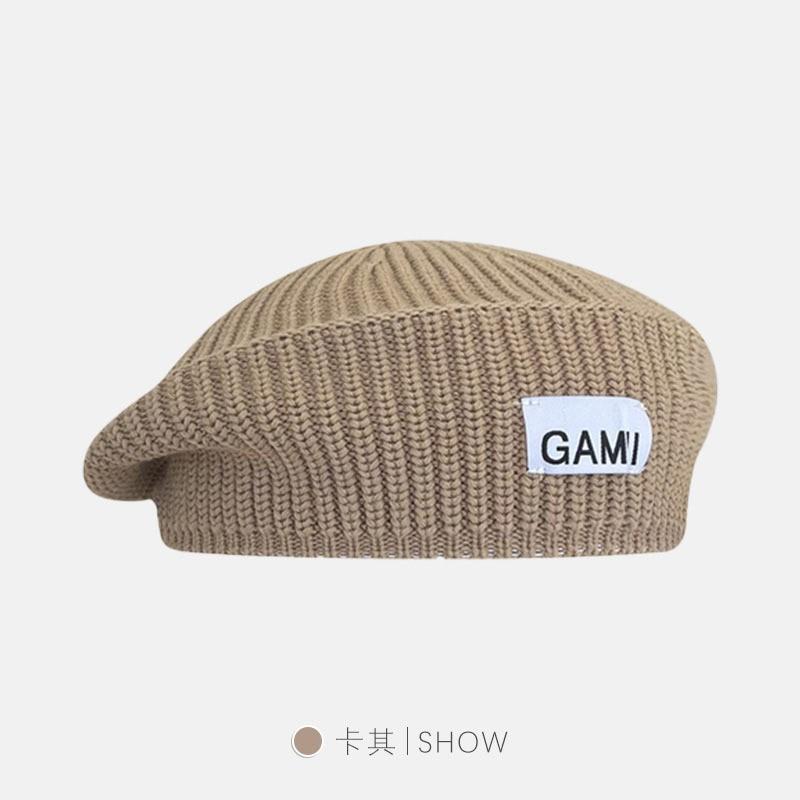 

Fashionable Knitted Beret Hat Women Gamii Letter Pattern Cap Casual Warm Gift Khaki