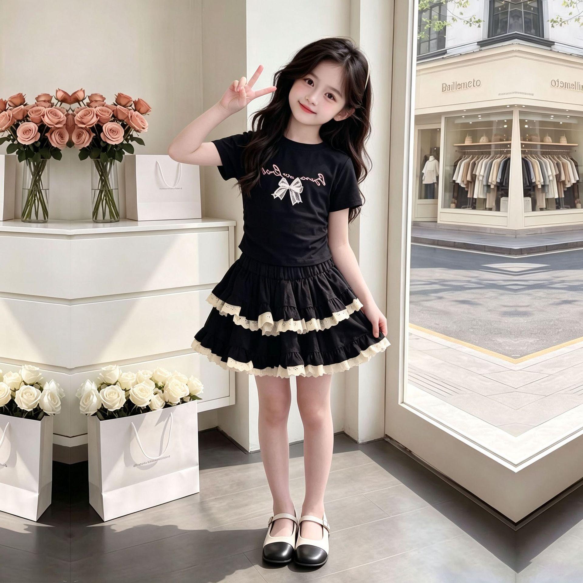 Girls Bow Short Sleeve Ruffled Tiered Dress Sweet Princess Two Piece Set 120
