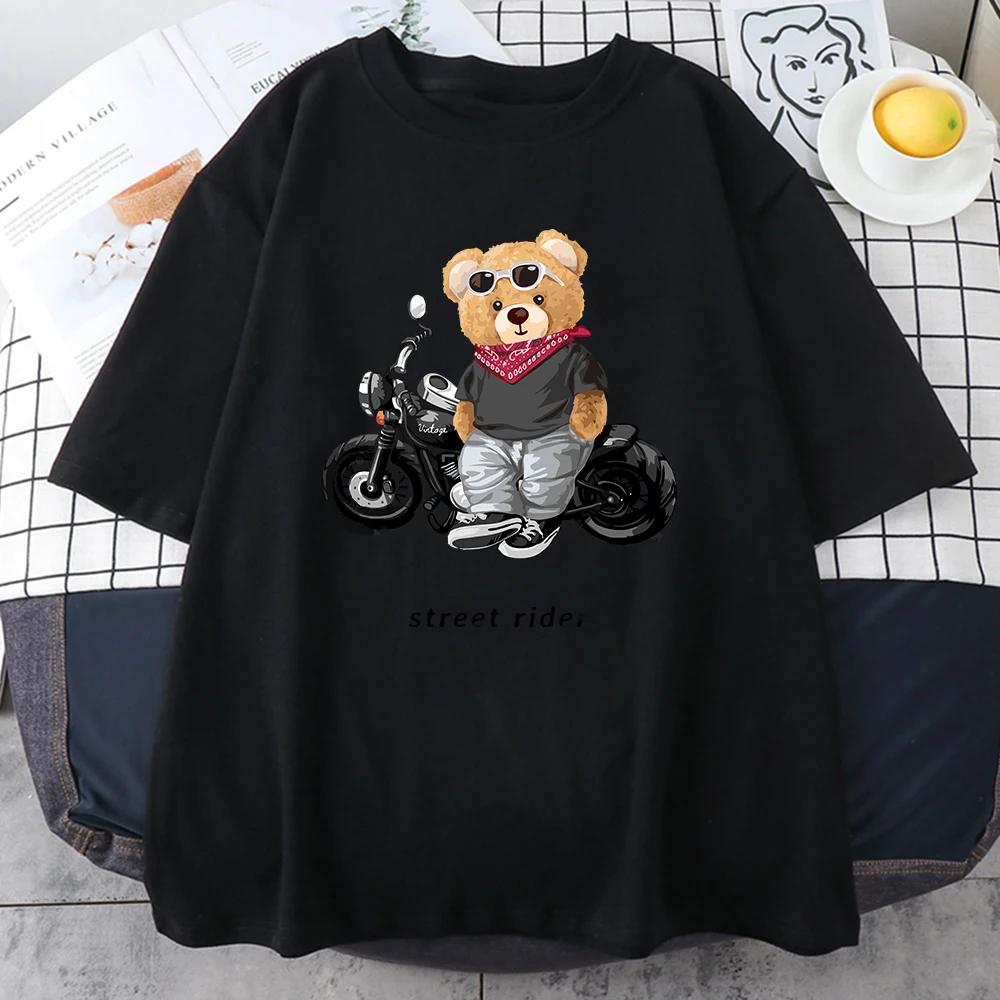 Tričko s potiskem motorkáře Street Teddy Rider Pánské Volné Street Krátký rukáv Letní Prodyšné Tričko Bavlněné Oblečení