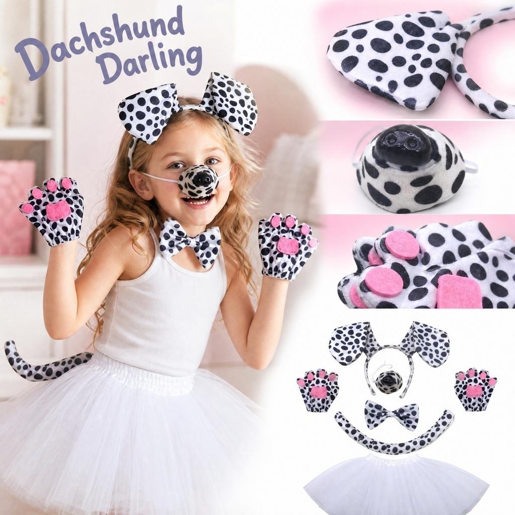 Dog Costume Accessory Set - Headband, Nose, Tie, Tail, Gloves, Skirt