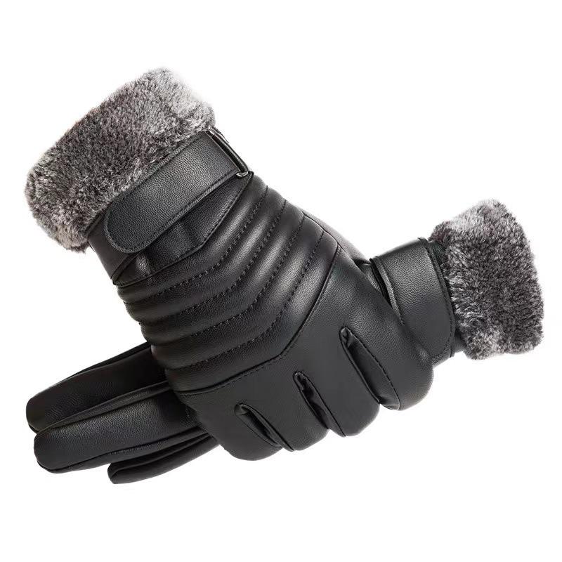 Leather Gloves Men's Winter Cycling Windproof Waterproof Piled Thickened Warm Motorcycle Riding Gloves Winter Touch Screen