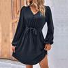 Chic Women Dresses Long Sleeve Lace Up V Neck Solid Color Spring All Match