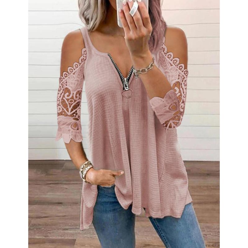 T-shirt da donna con maniche in pizzo, camicetta, top, taglie forti, t-shirt casual da donna con spalle scoperte