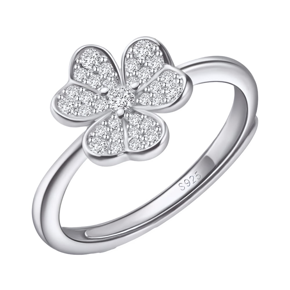 Silver 925 Women's Ring with a Flower and Beautiful Cubic Zirconia - Universal Adjustable Size 925 Silver