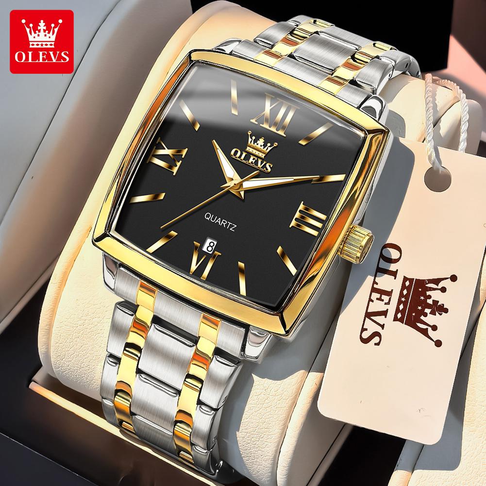 OLEVS Mens Watch Simple Original Brand Quartz Watch Waterproof Luminous Square Watch Automatic Date Watch For Man Gifts